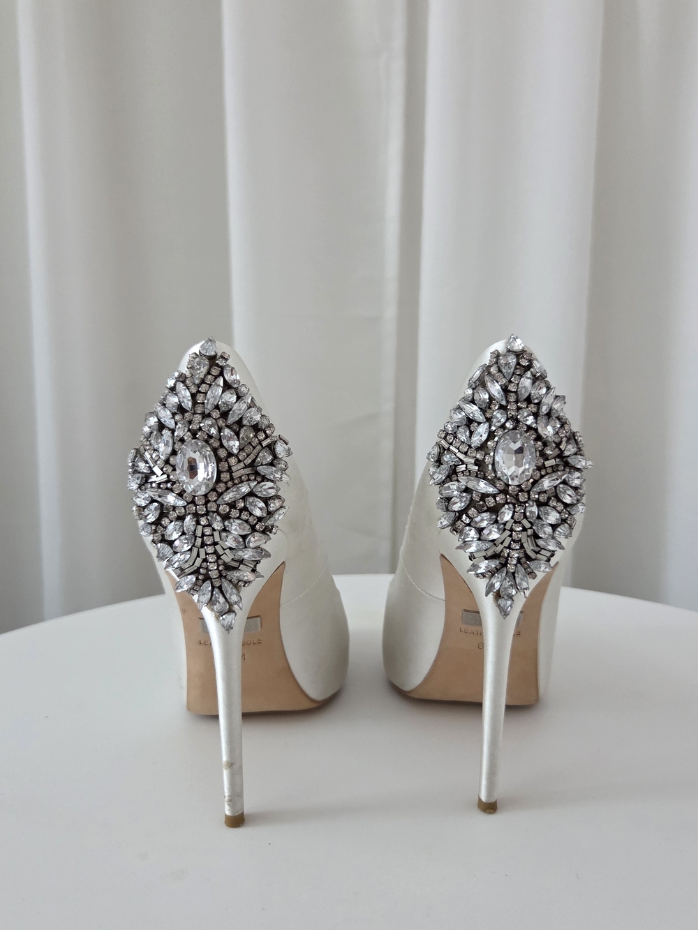 Badgley Mischka White Satin Jeweled Stiletto Pumps 6 1/2